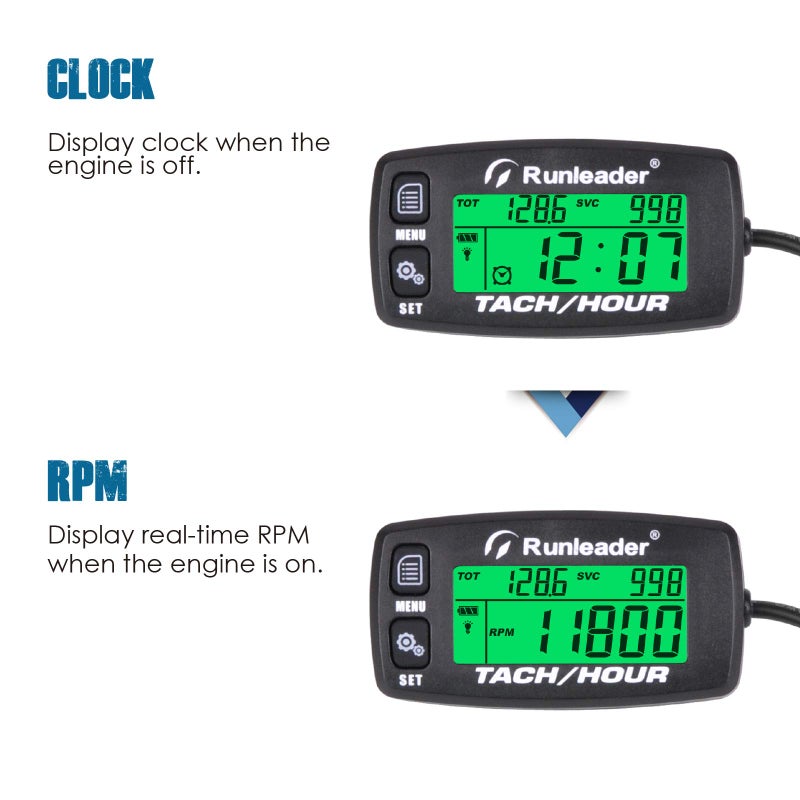 Runleader Digital Maintenance Hour Meter,Hours Accumulate & RPM Record,Backlight Display for Generator Motorcycle Lawn Mower Chainsaw Marine Boat Jet Ski - Image 2